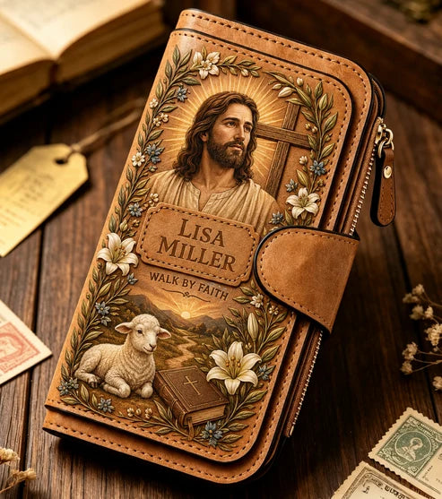 Personalized "Walk By Faith" Vintage Leather Clutch Wallet šļø | Jesus & Mary Editions