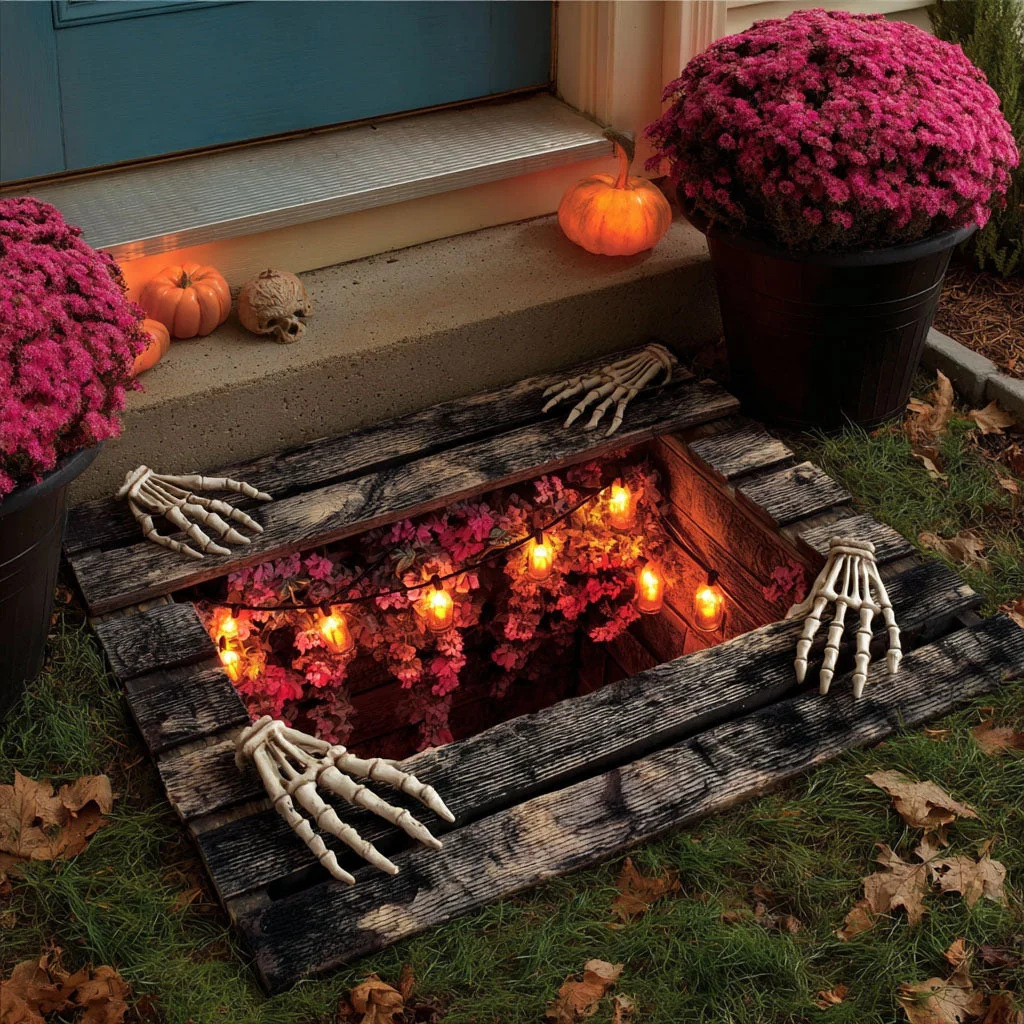 💀 LAST DAY 50% OFF –Haunted Grave Trap™ – Creepy 3D Illusion Halloween Doormat 🎃