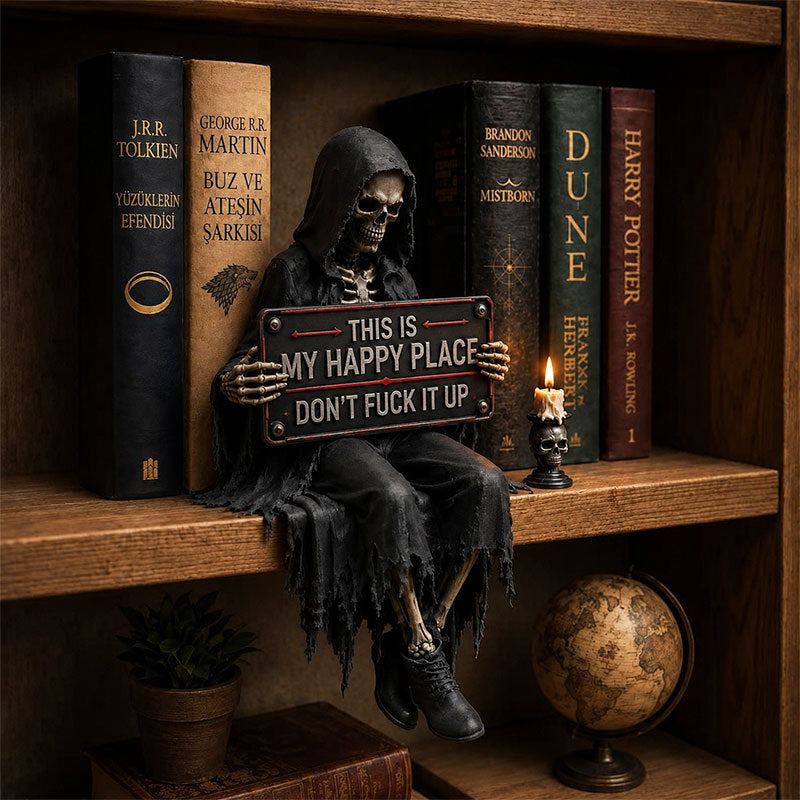 š"This Is My Happy Place" Skeleton Bookshelf Decor