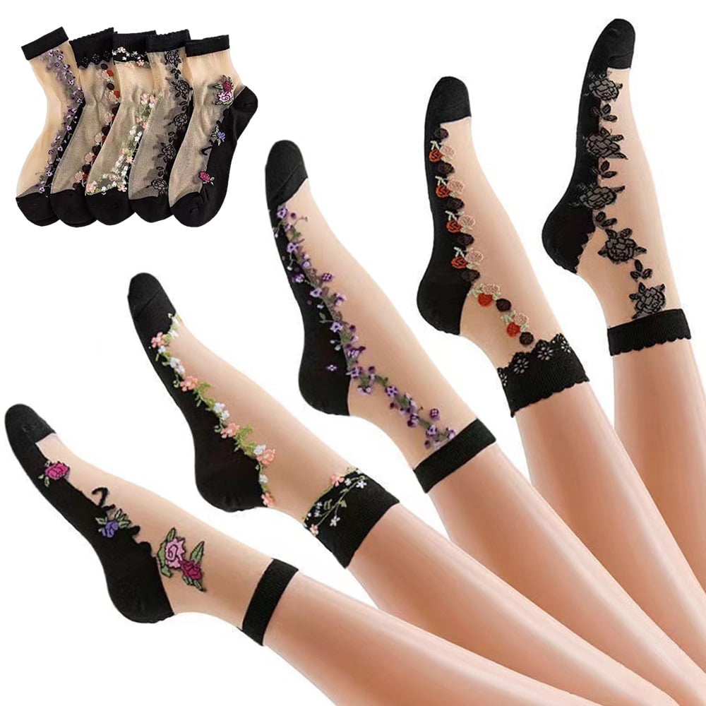 🌸10 Pairs Floral Pattern Glass Stockings 💐 - Bright Color Mid-Tube Socks, Soft Breathable & All-Day Comfort
