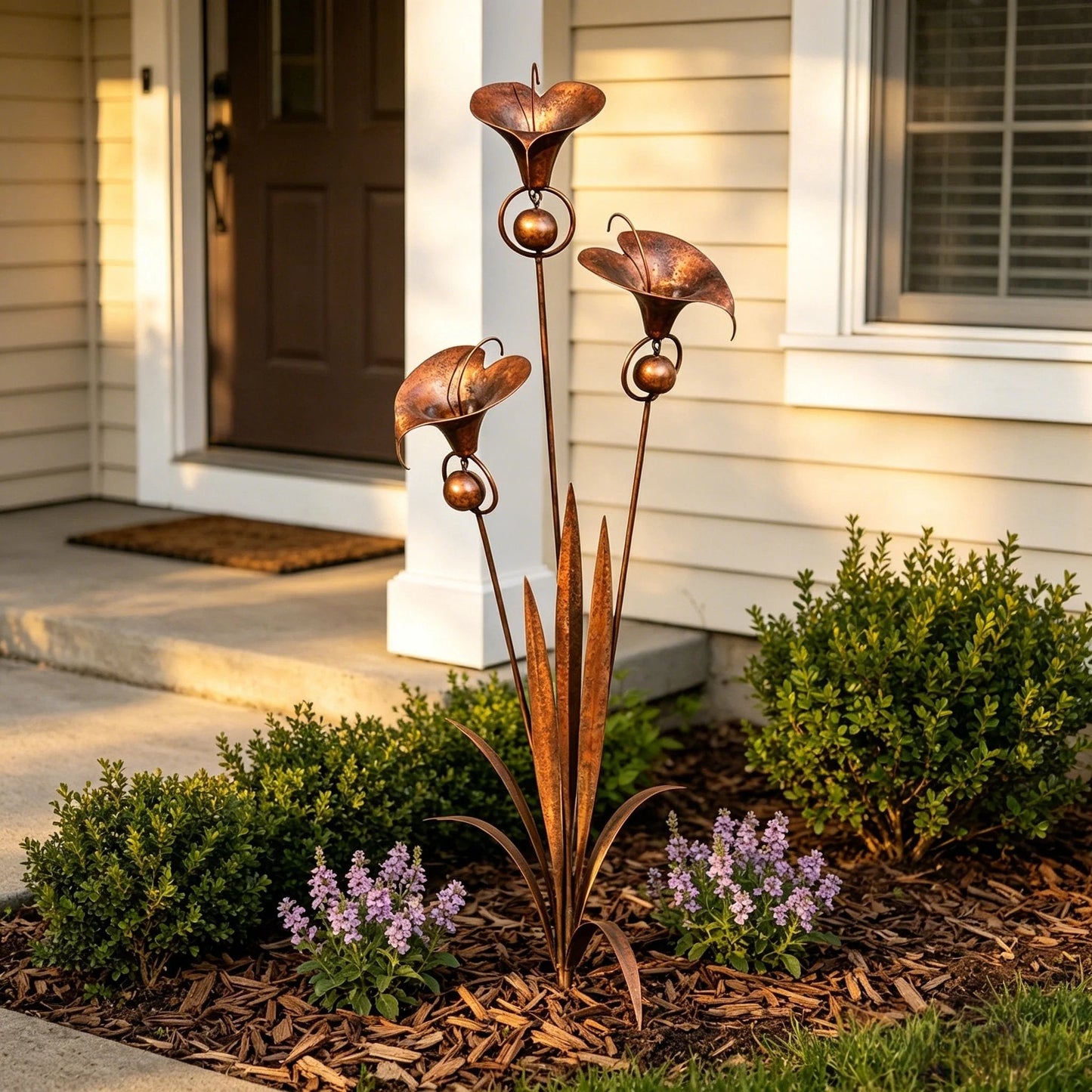 🌿Flamed Copper Three Calla Lilies Garden Stake with Bells