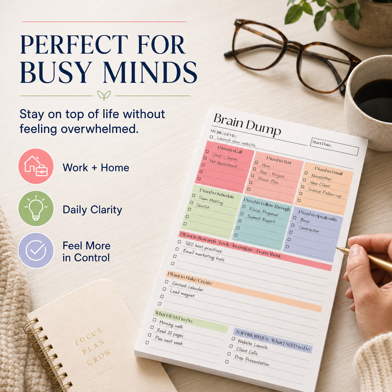 🧠 Brain Dump Planner Pad — Organize Tasks, Priorities & Ideas on One Page ✍️🛒