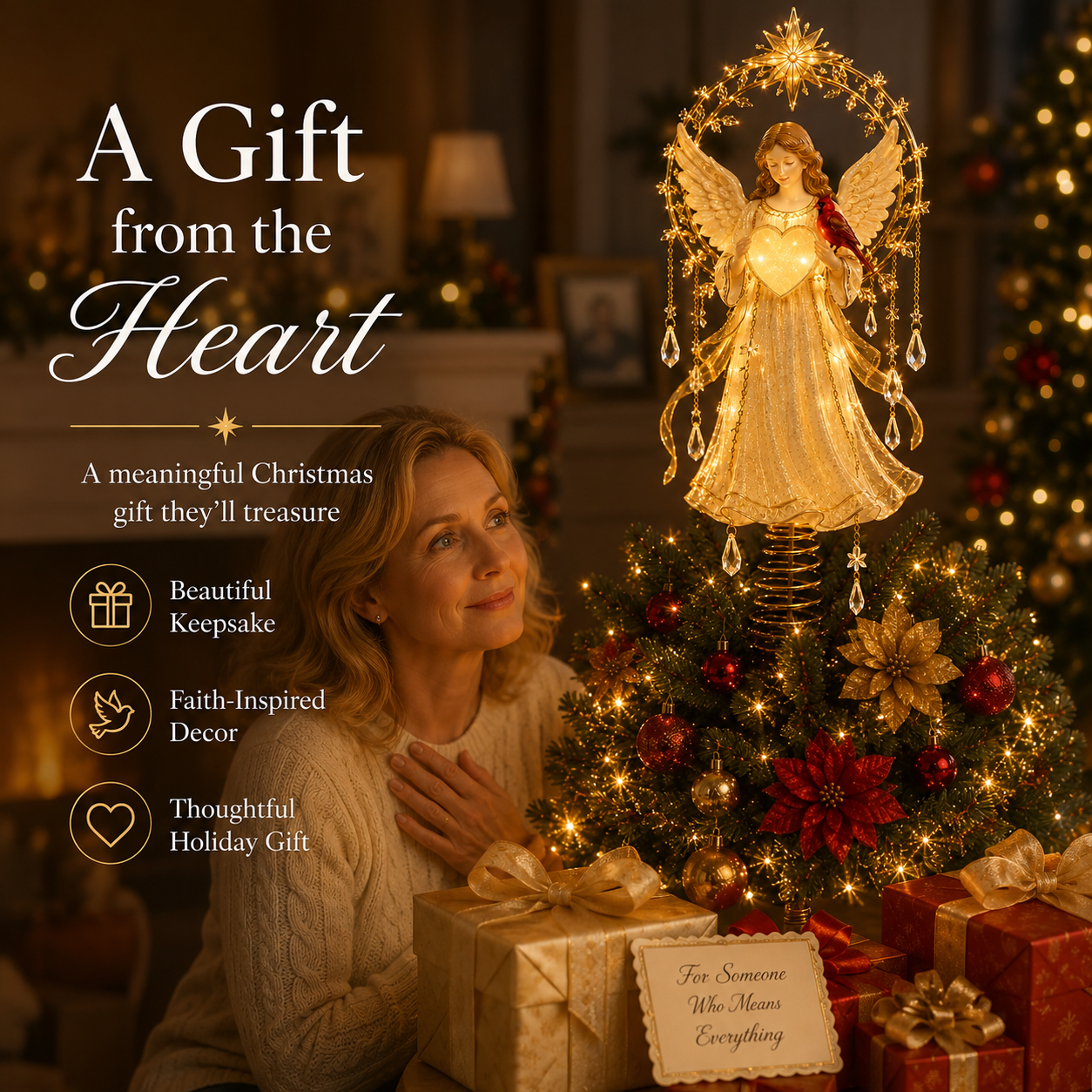 🔥Last Day 49% OFF✨ Lighted Angel Christmas Tree Topper with Cardinal & Glowing Heart