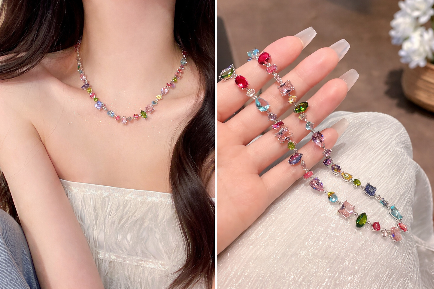 🌈 TODAY ONLY: BOGO 50% OFF! Rainbow Crystal Zircon Bracelet & Necklace for Women, S925 Sterling Silver Plated 