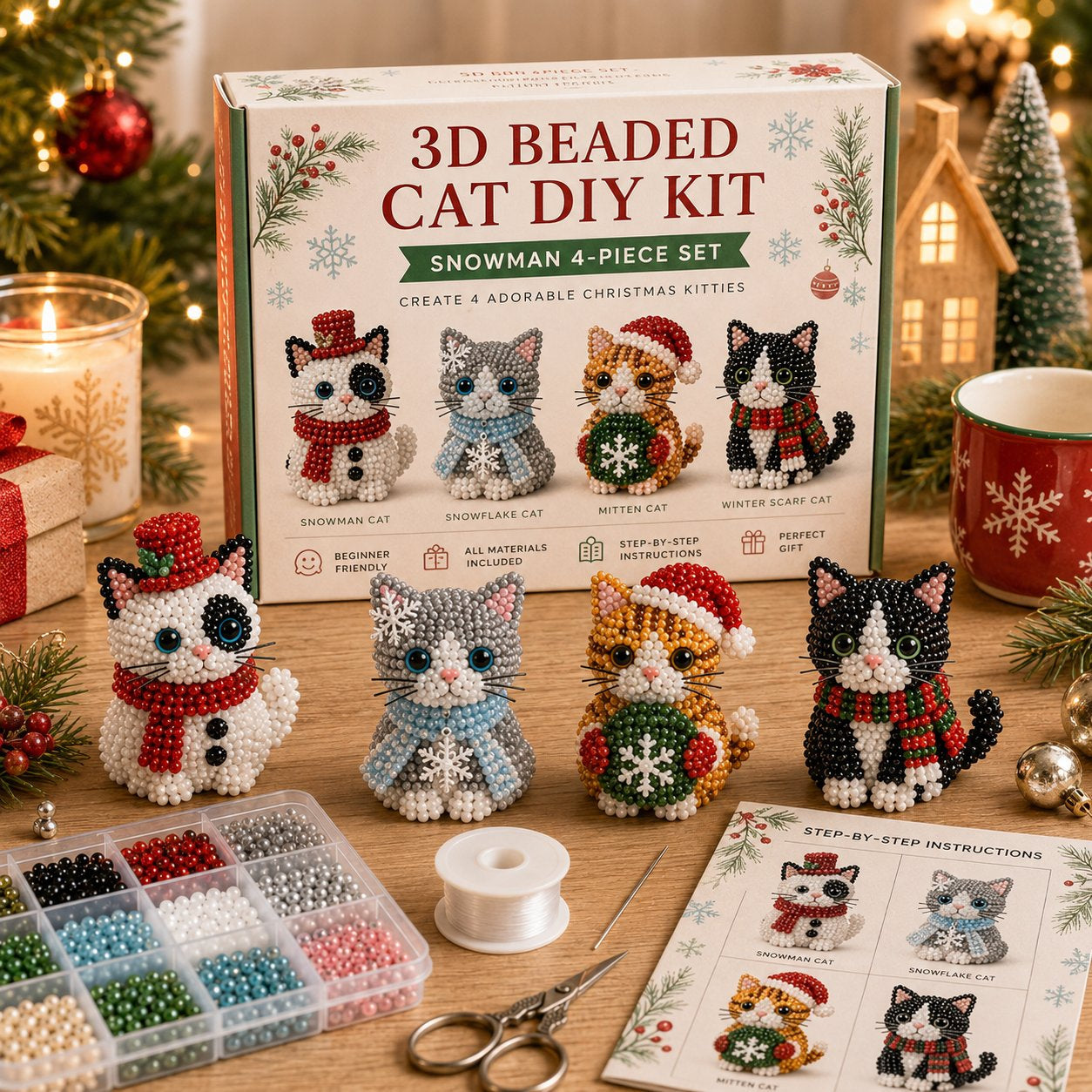 🐱🎄 Premium 3D Beaded Christmas Cats DIY Kit ✨