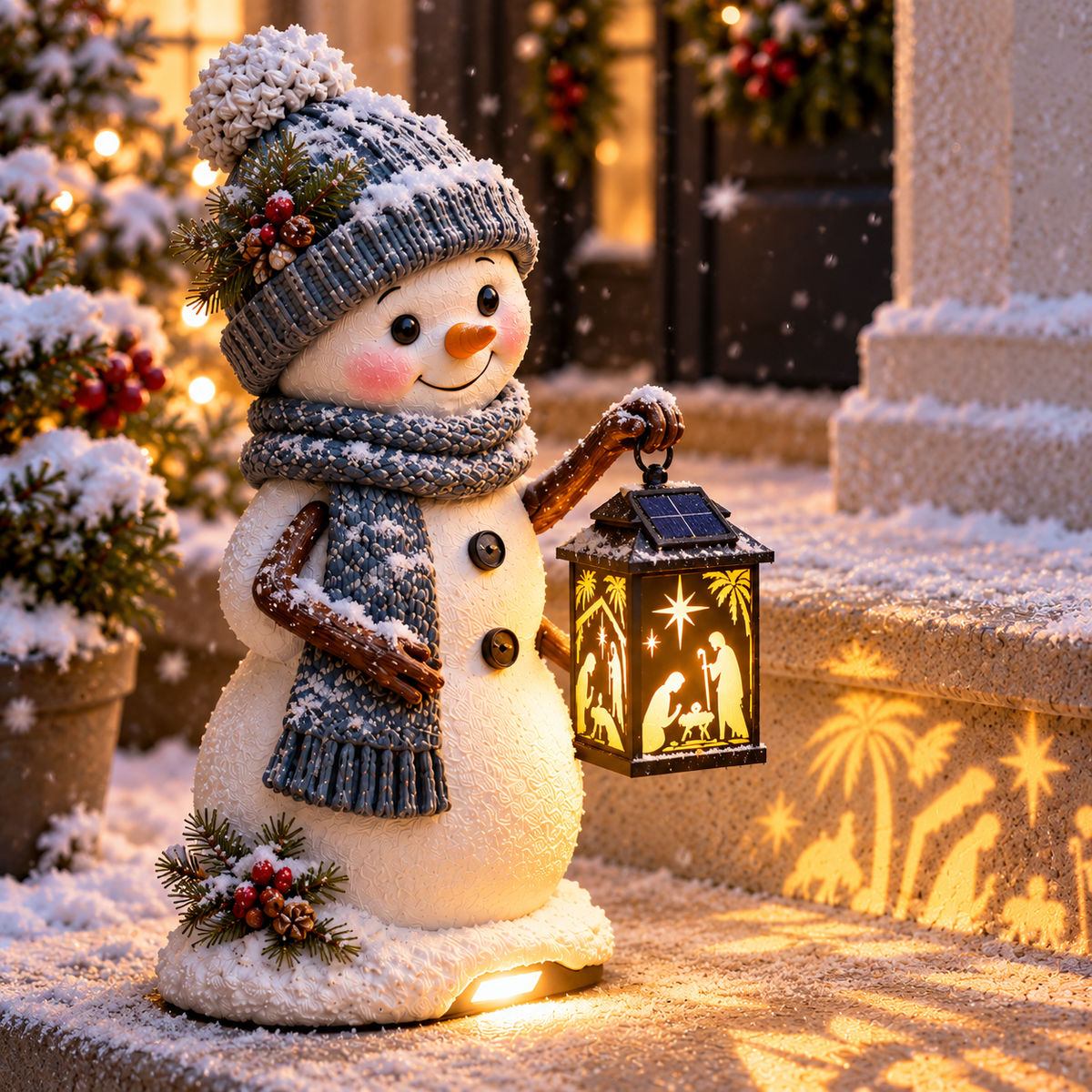 ⛄ Last Day 49% Snowman Nativity Glow™ – Solar Christmas Step Light with Holy Family Projection