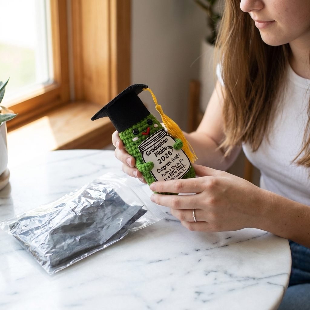 Handmade Crochet Graduation Pickle — "You're a Big Dill" Funny Gift with Grad Cap