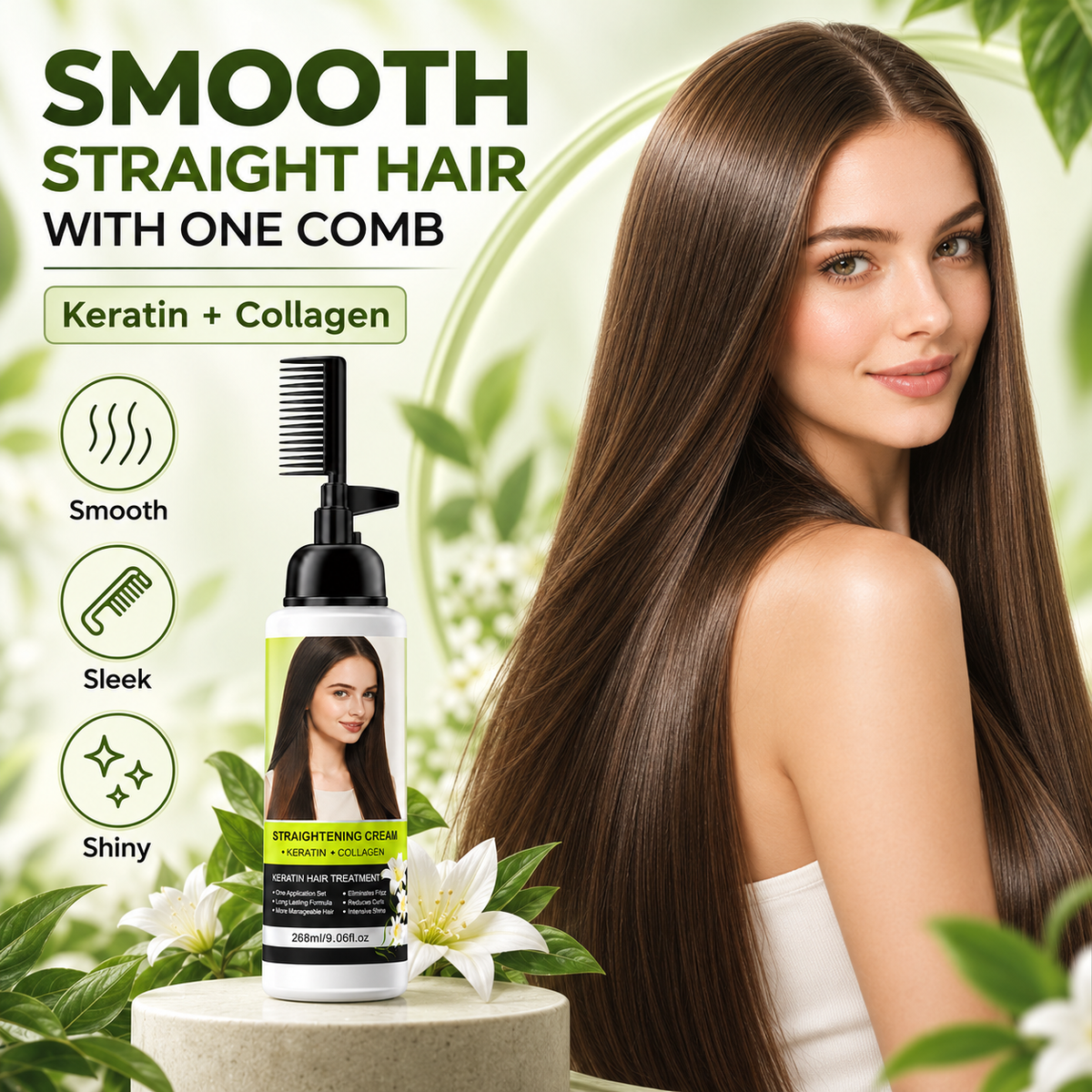 💇♀️✨ Hair Straightening Cream with Built-In Comb – Smooth Frizz & Tame Unruly Hair!🍀