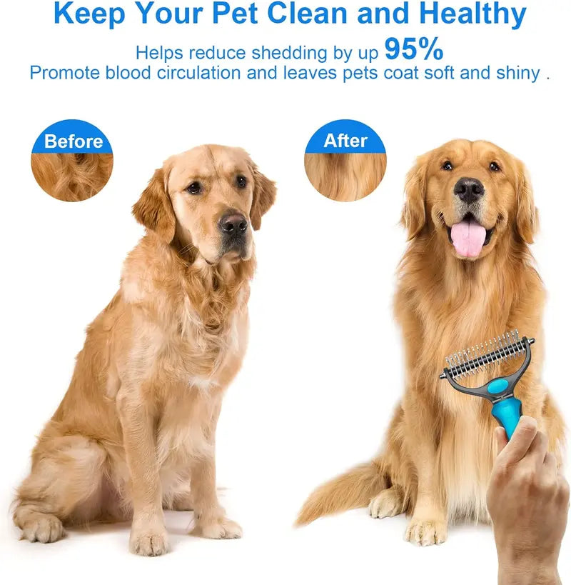 🐾Double-Sided Pet Grooming Brush – Hurtless Shedding & Dematting Undercoat Rake for