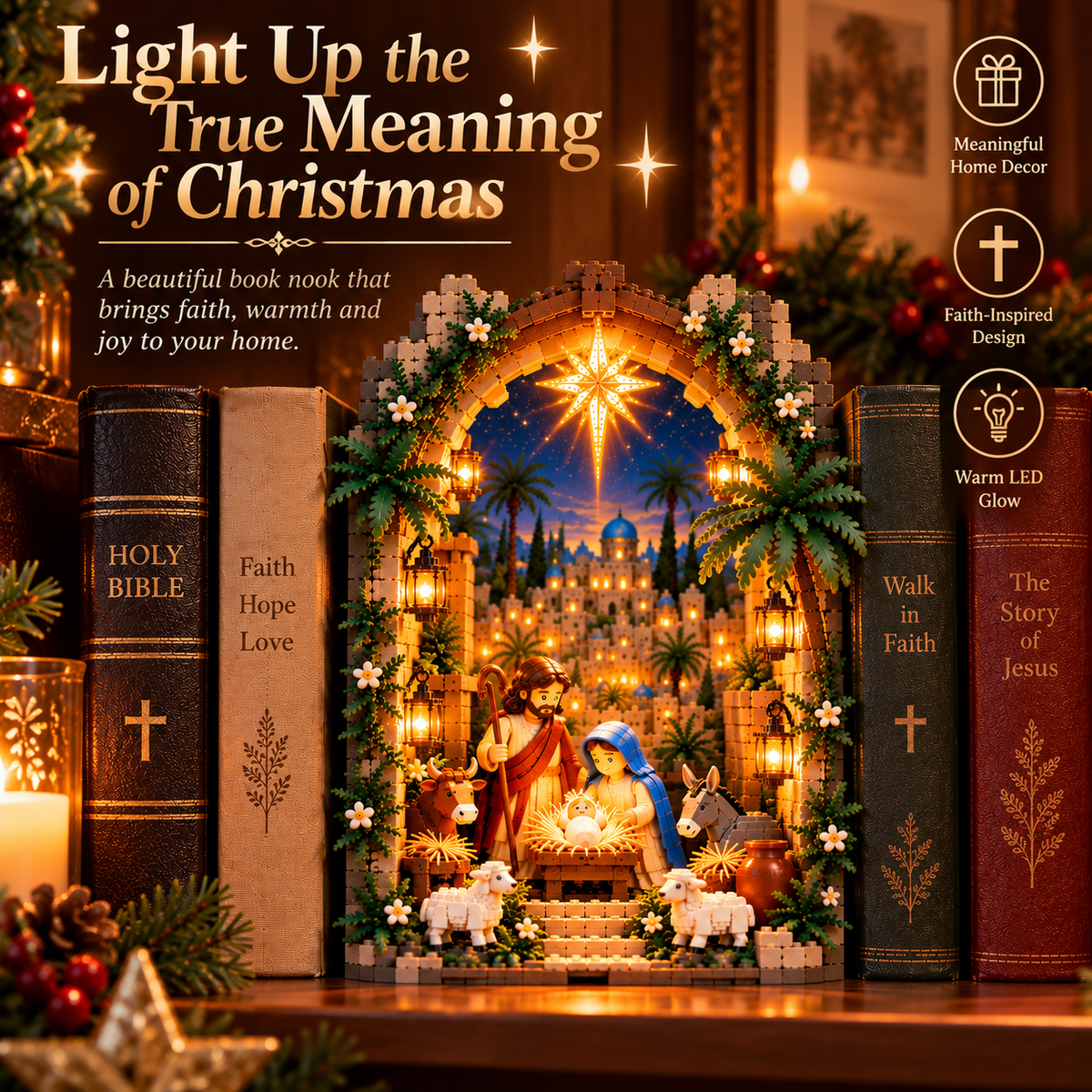 Lighted Bethlehem Nativity Book Nook Christmas building block display