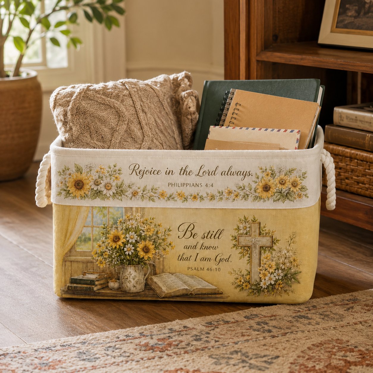 🔥 LAST DAY 49% OFF – ✝️ Christian Faith Inspirational Storage Basket | Spacious Foldable Fabric Organizer with Rope Handles & 3 Scripture Designs 🌿✨