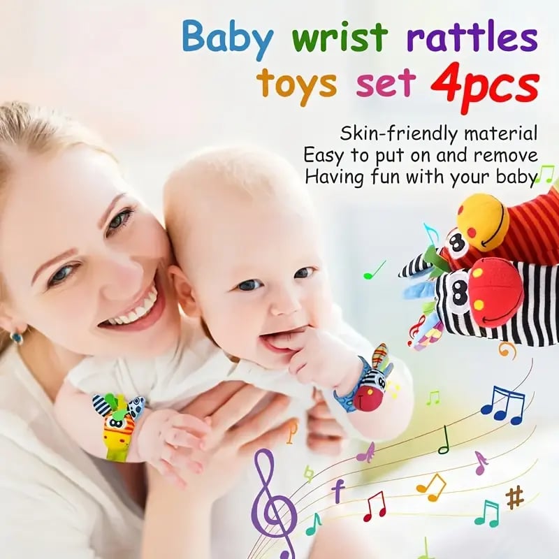 🔥Last Day 56% OFF - 👶🌈A set Newborn Baby Cartoon Animal Wrist Bell Rattle Socks