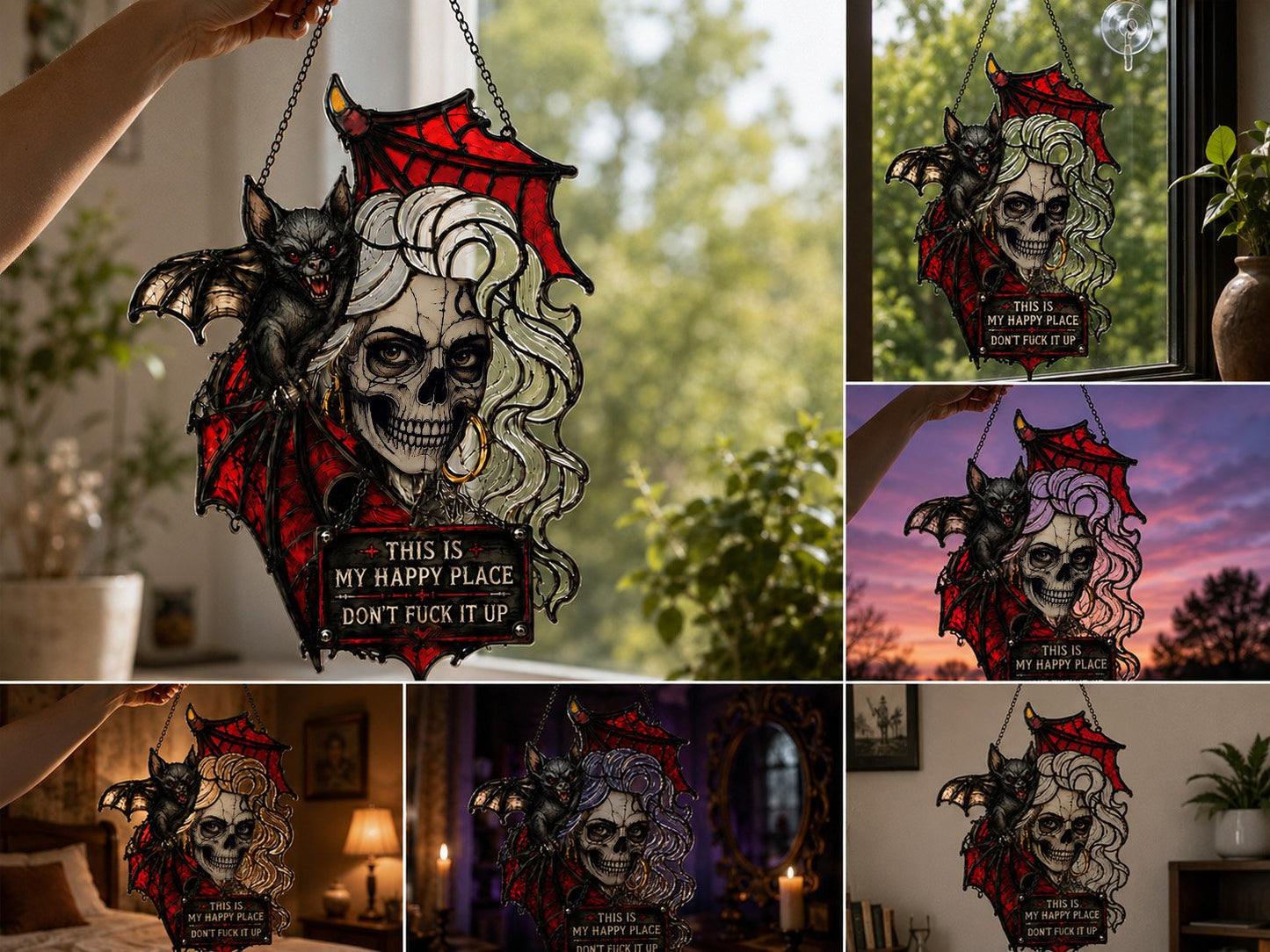 🦇💀Gothic Skull & Bat “My Happy Place” Hanging Art✨