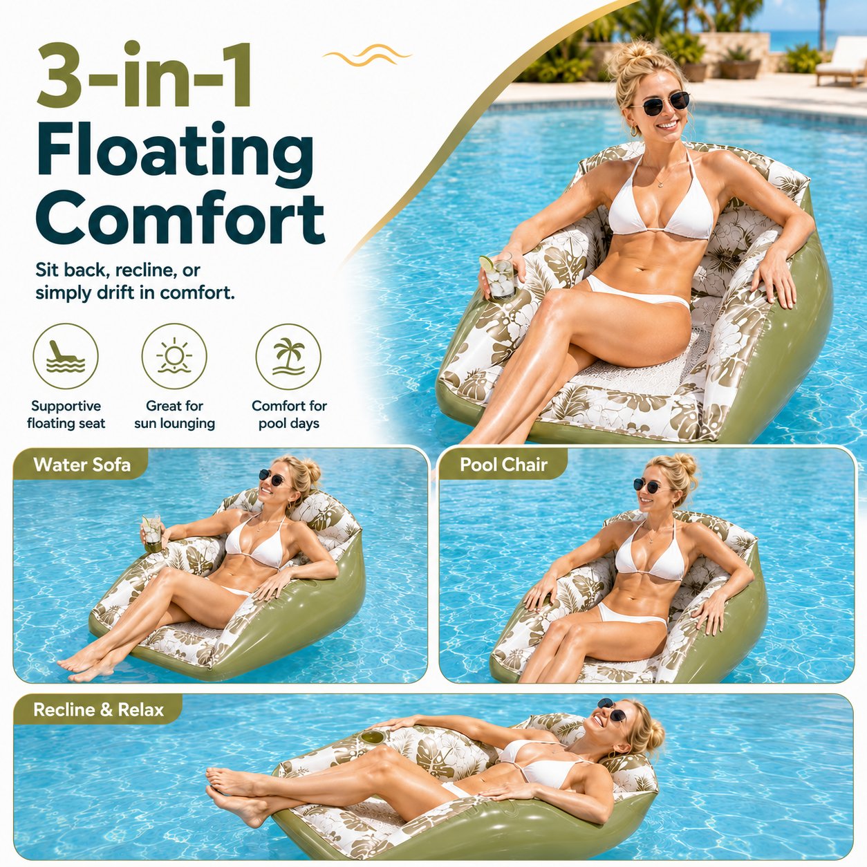 🛋️ 3-in-1 Inflatable Pool Lounge Chair🎁