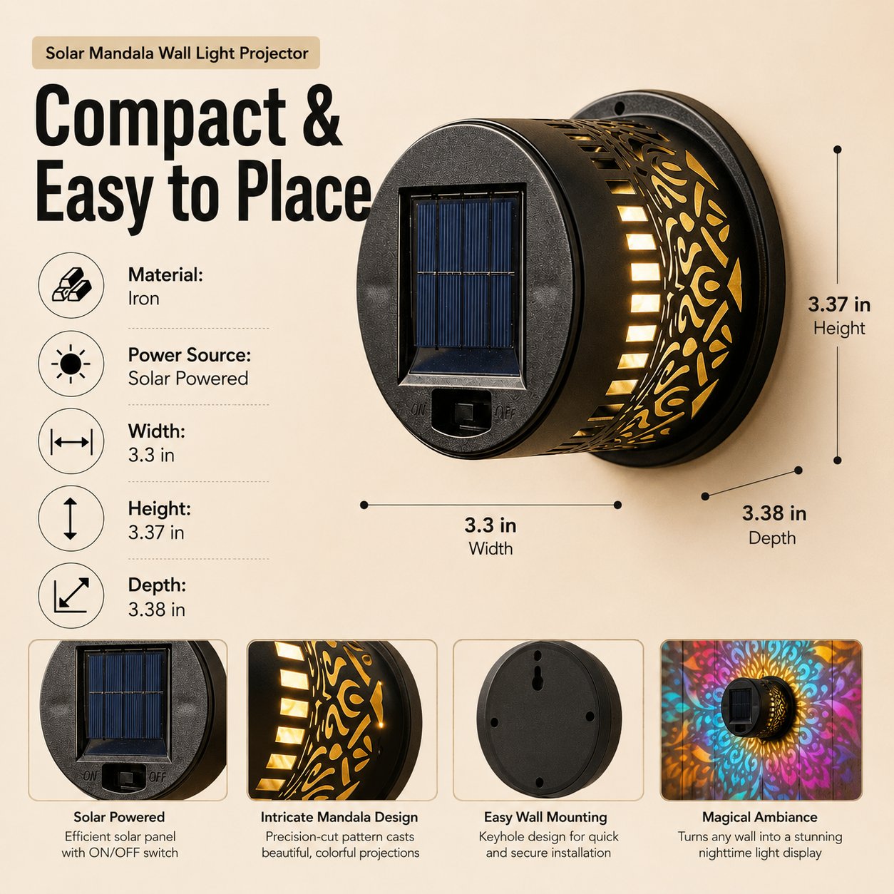 🌙Hot Sale Promotion 49% OFF🔥Solar Mandala Wall Light Outdoor Garden Fence Projector Lamp Patio Ambient Decor