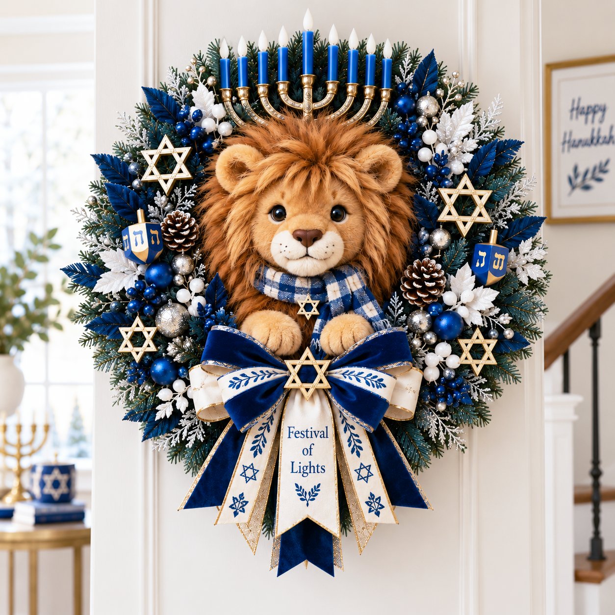 🦁 Lion of Judah Hanukkah Lighted Wreath - A Warm & Meaningful Welcome for the Festival of Lights ✨