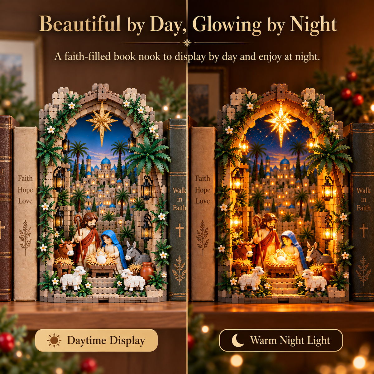 Bethlehem Nativity Book Nook daytime and nighttime comparison