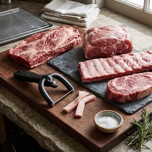 Handheld fat trimmer with beef and pork