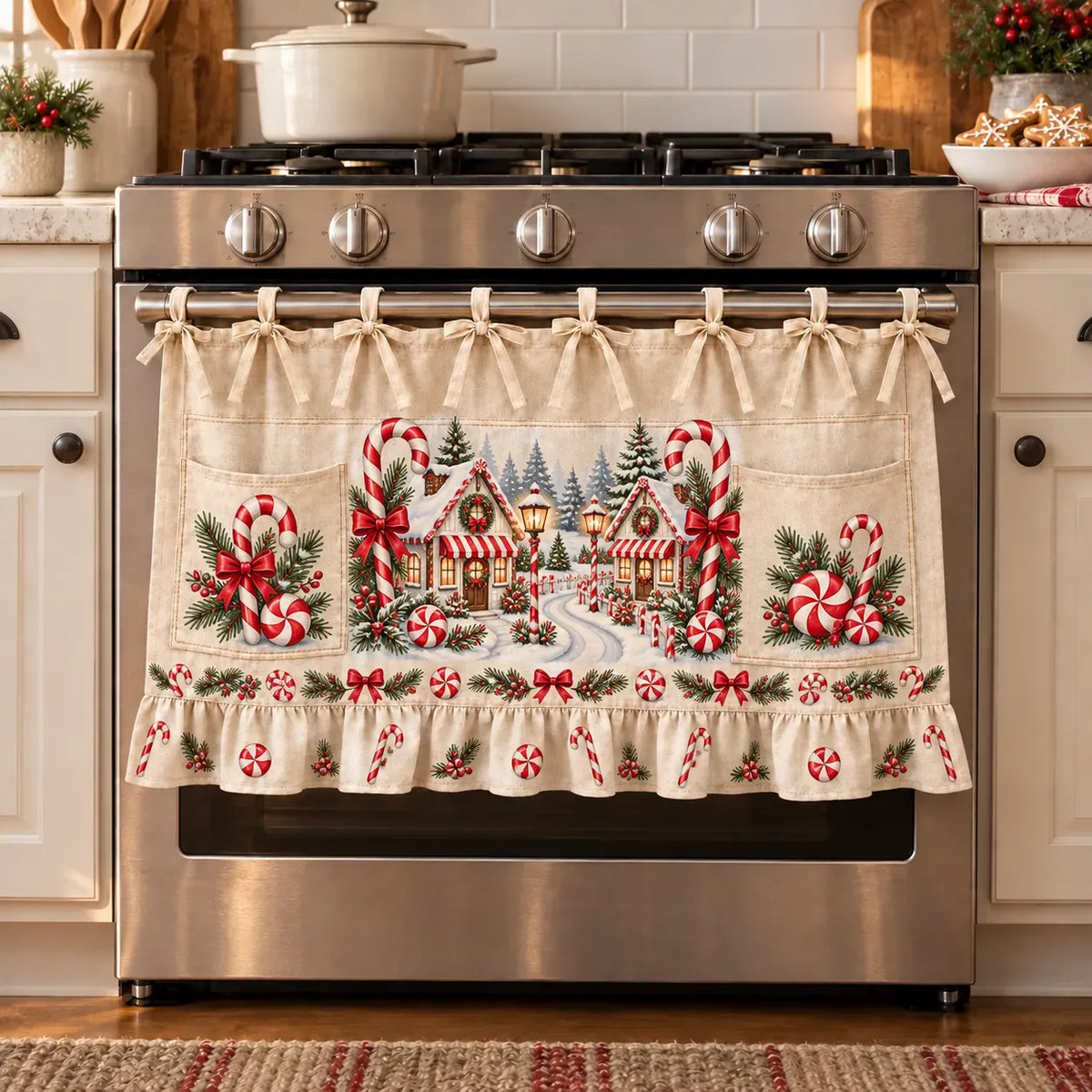 ⏳ Last Day 49% OFF – 🎄 Christmas Kitchen Tie-On Skirt | Festive Holiday Designs with Pockets & Ruffled Trim ✨