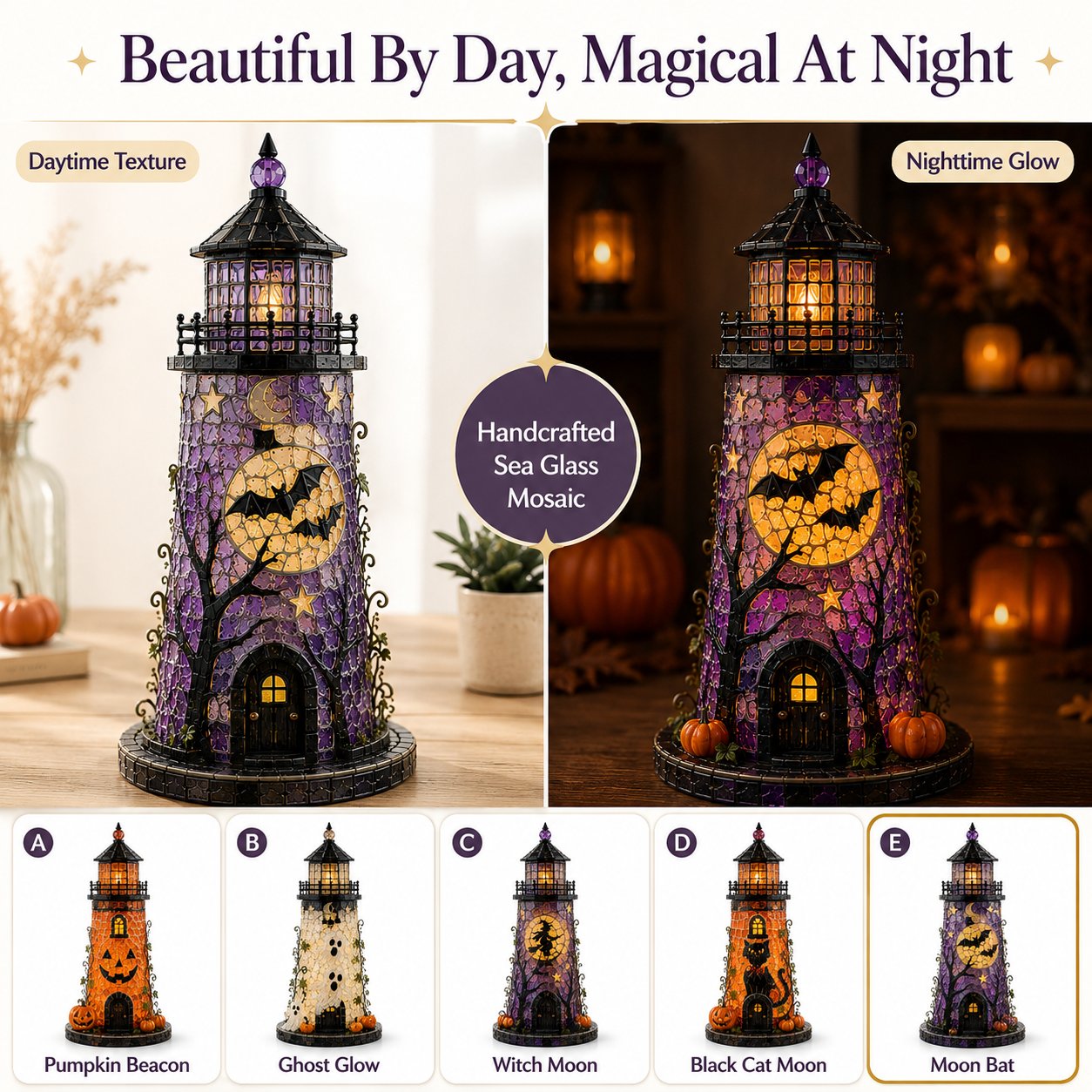🎃 Beginner-Friendly Lighted Halloween Lighthouse DIY Kit – Sea Glass-Style Mosaic Collection