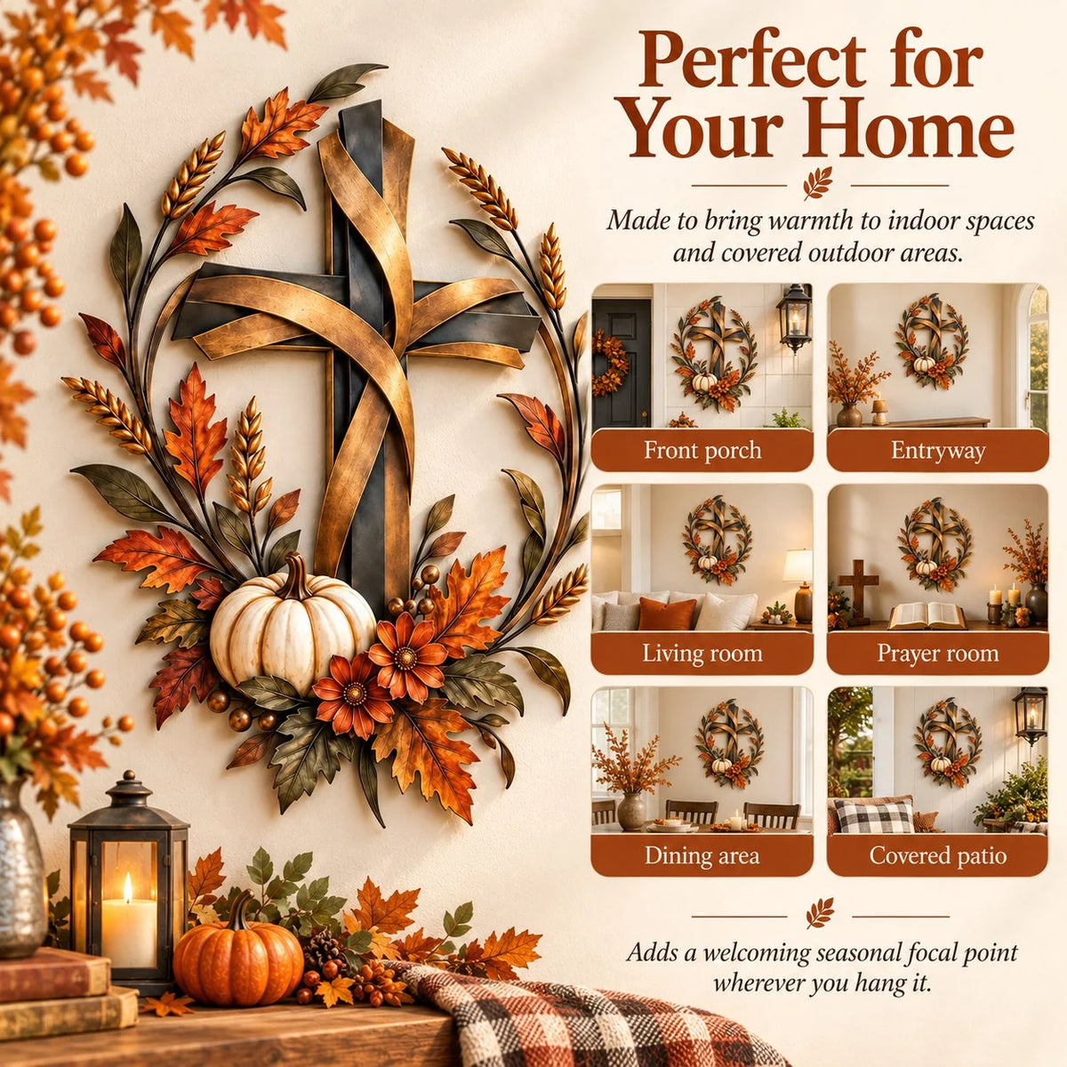 ✝️🍂Autumn Cross & Pumpkin Harvest Metal Wall Decor