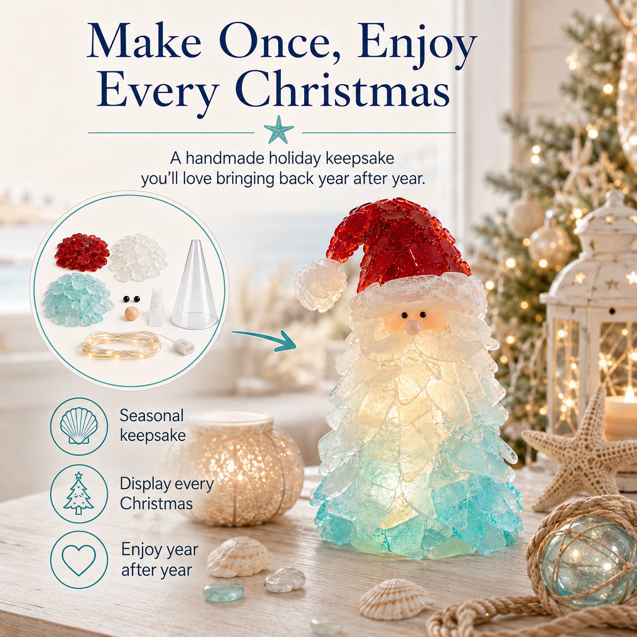 ⏳ Last Day 49% OFF – 🎅 Beginner-Friendly DIY Lighted Sea Glass Santa Christmas Decor Kit | Complete Kit with Sea Glass Pieces, Warm Fairy Lights & Step-by-Step Guide Included 💕