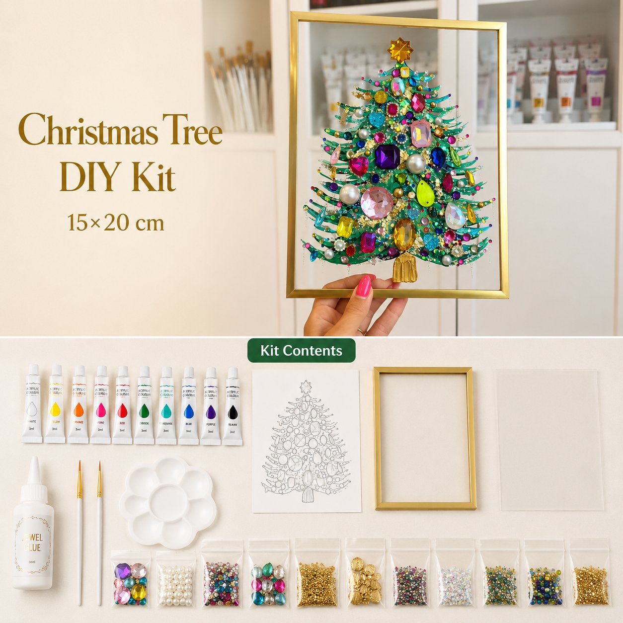 🔥 LAST DAY 49% OFF – 🎄 DIY Jeweled Christmas Tree Art Kit | Colorful Gems, Pearls, Paints & Gold-Tone Floating Display Frame 💎✨