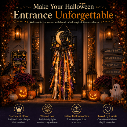 🎃 Lighted Halloween Ribbon Cascade™ – Handmade Door & Porch Decor
