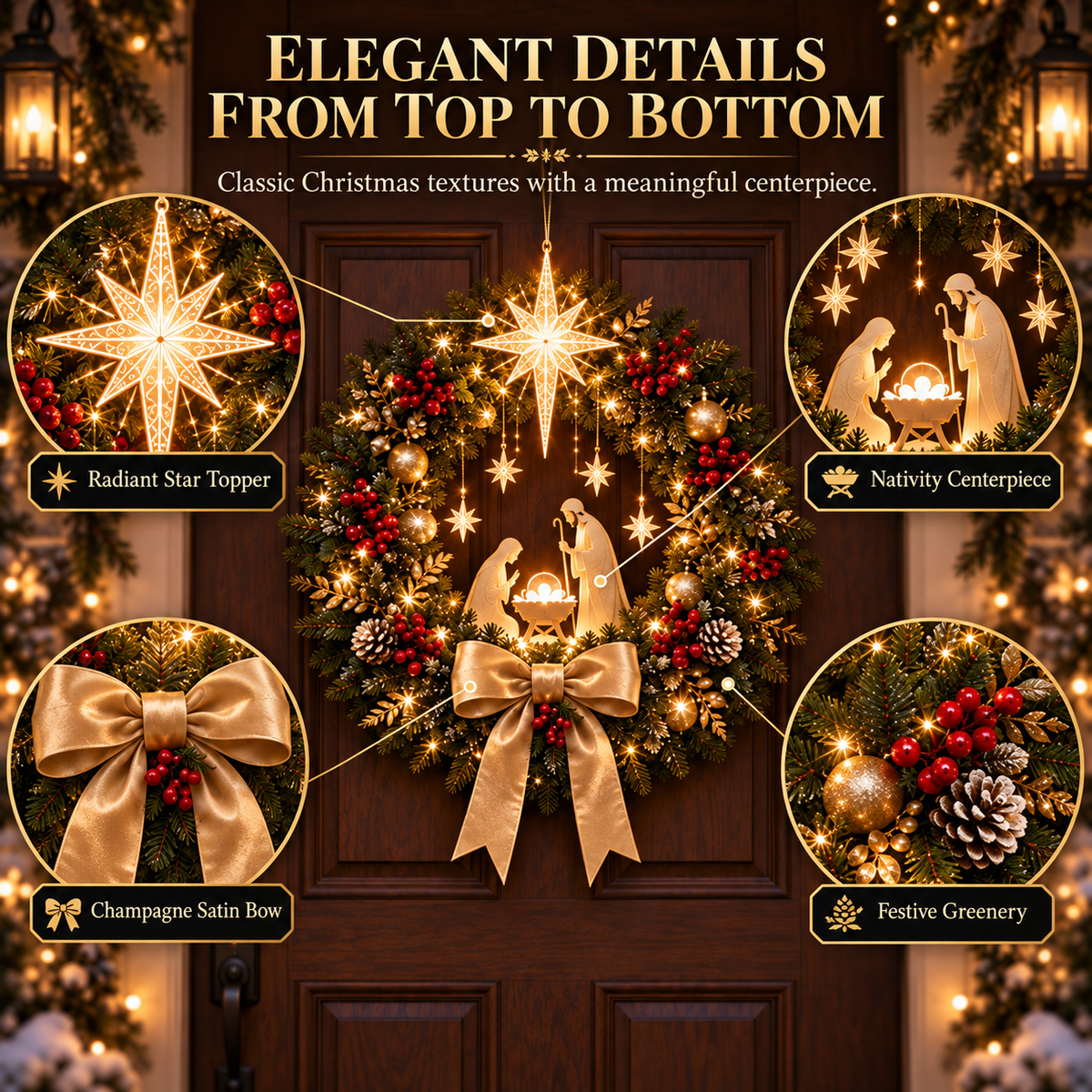 ✨LAST DAY 50% OFF✨ Lighted Nativity Christmas Wreath – Bethlehem Star Front Door Decor🎄