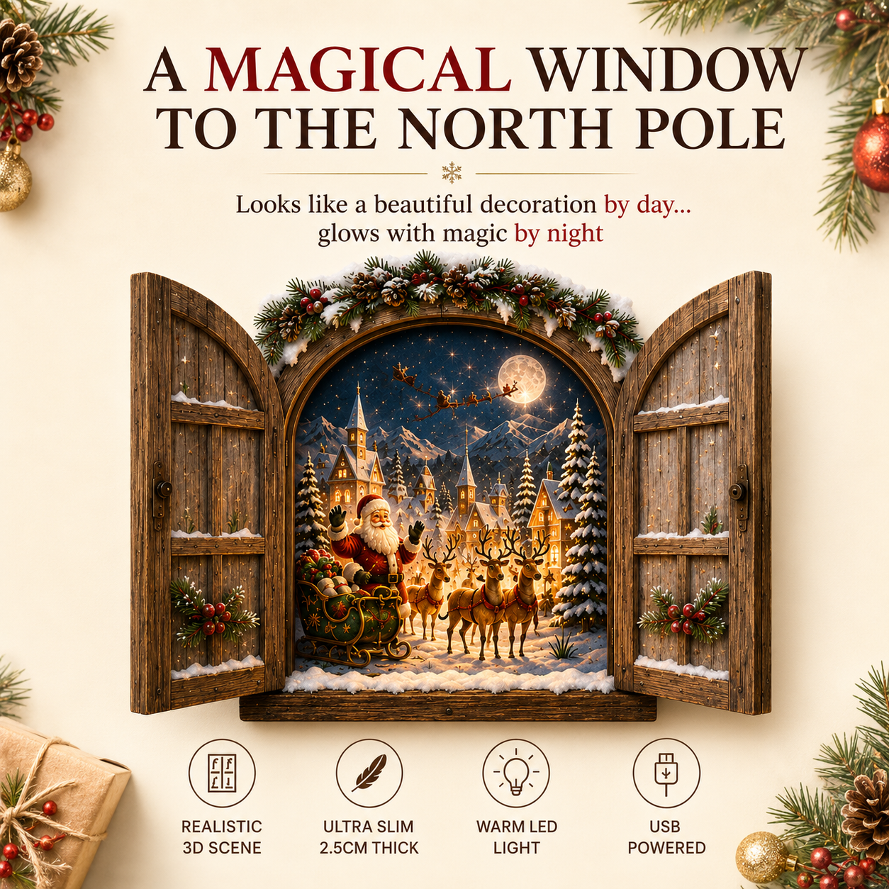 🎅 Santa’s Secret Window Light – 3D Lighted North Pole Christmas Wall Decor