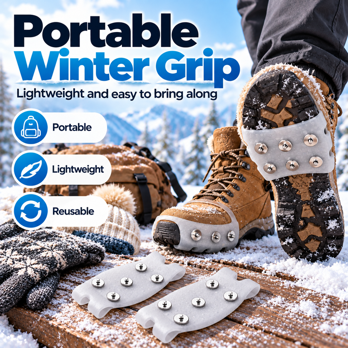 Portable winter shoe grips for snow covered outdoor walks