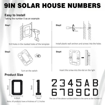 Solar Lighted House Numbers 9 Inch Waterproof LED Address Signs for Outside Modern House Numbers