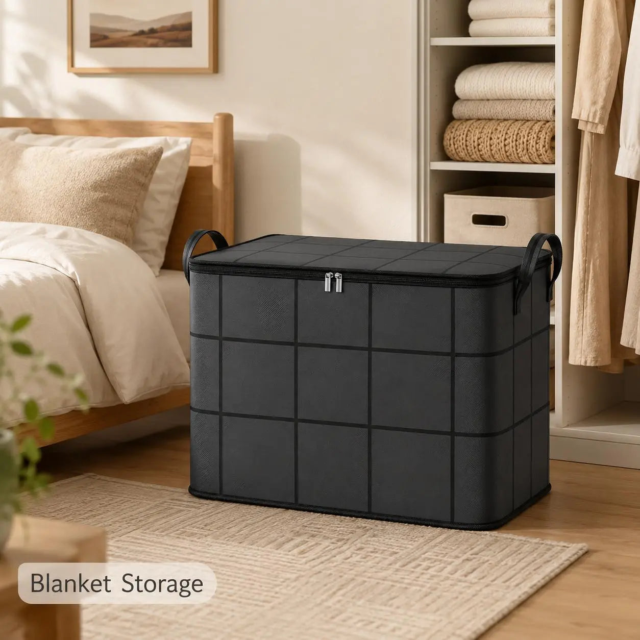 Large black storage bag holding blankets beside a bedroom closet