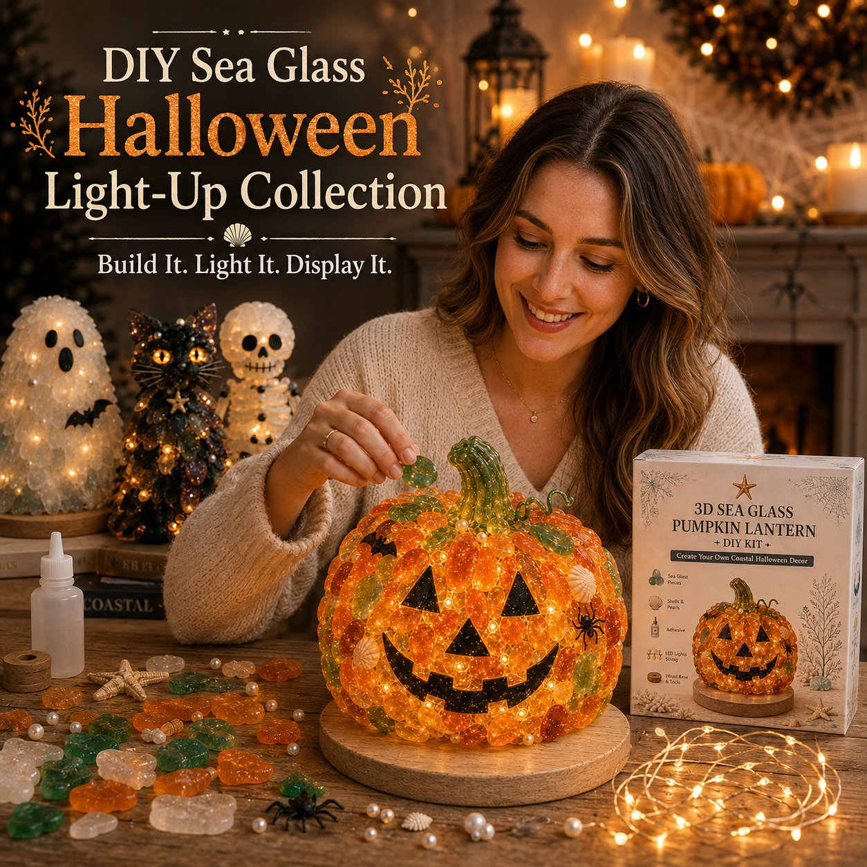 🔥😍 Last Day 49% OFF – 🎃 Beginner-Friendly DIY Lighted Sea Glass Halloween Character Kit Collection | Complete Kit with Sea Glass Pieces, LED Lights & Step-by-Step Guide Included 💕