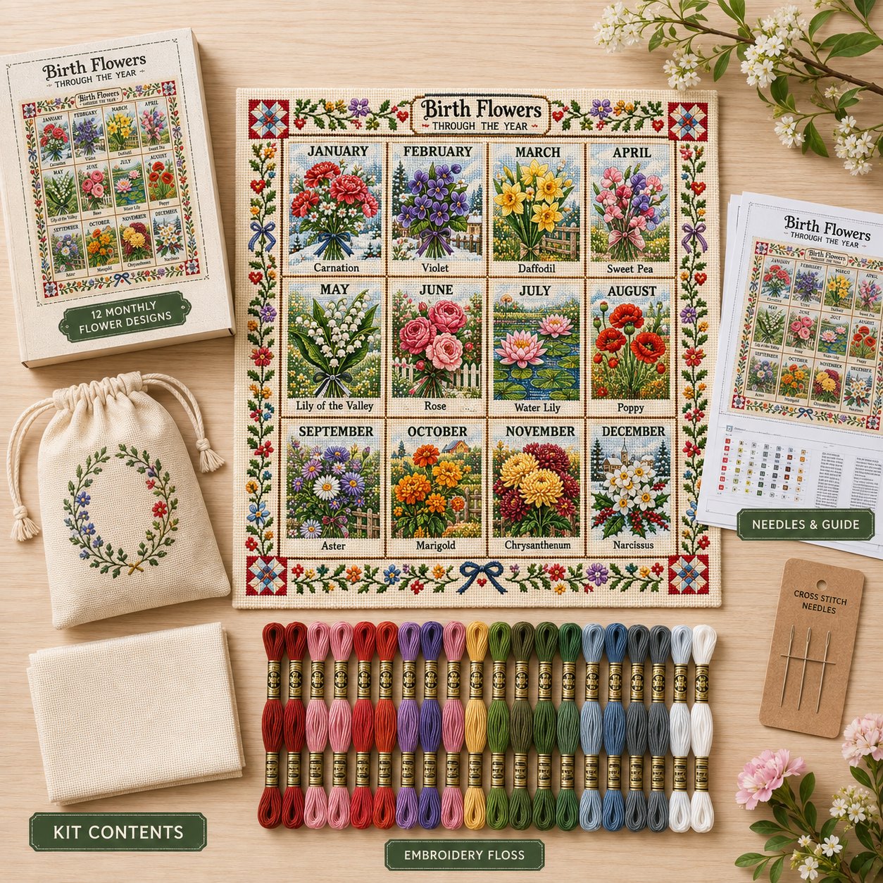🧵 Beginner-Friendly 12-Month Seasonal Embroidery DIY Kit | 8 Theme Collections with Pre-Printed Fabric, Floss, Needles & Complete Stitching Guide Included 💕