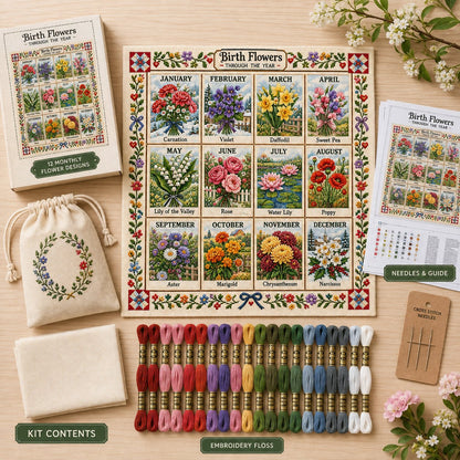 🧵 Beginner-Friendly 12-Month Seasonal Embroidery DIY Kit | 8 Theme Collections with Pre-Printed Fabric, Floss, Needles & Complete Stitching Guide Included 💕