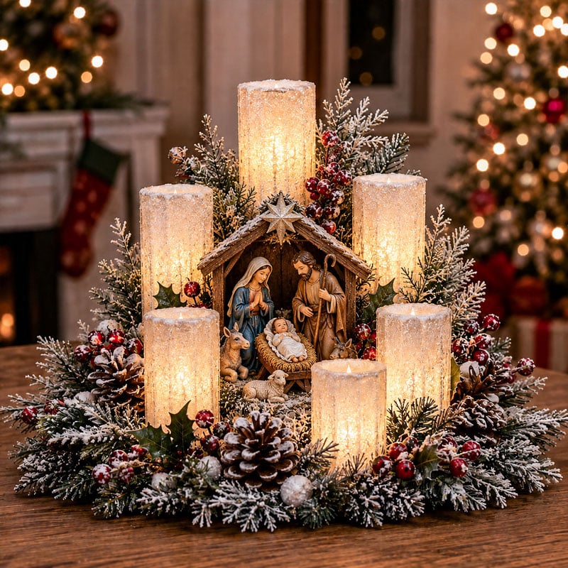 Beleuchtetes Weihnachtsgesteck mit dem Schein einer flammenlosen Kerze