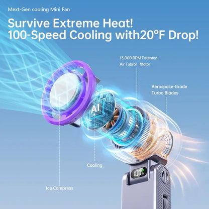 ❄️ Portable Handheld Cooler Fan | 100-Speed Ice Touch Cooling Beat the Heat Anywhere: 20°F Drop | 5500mAh Battery | 150° Foldable