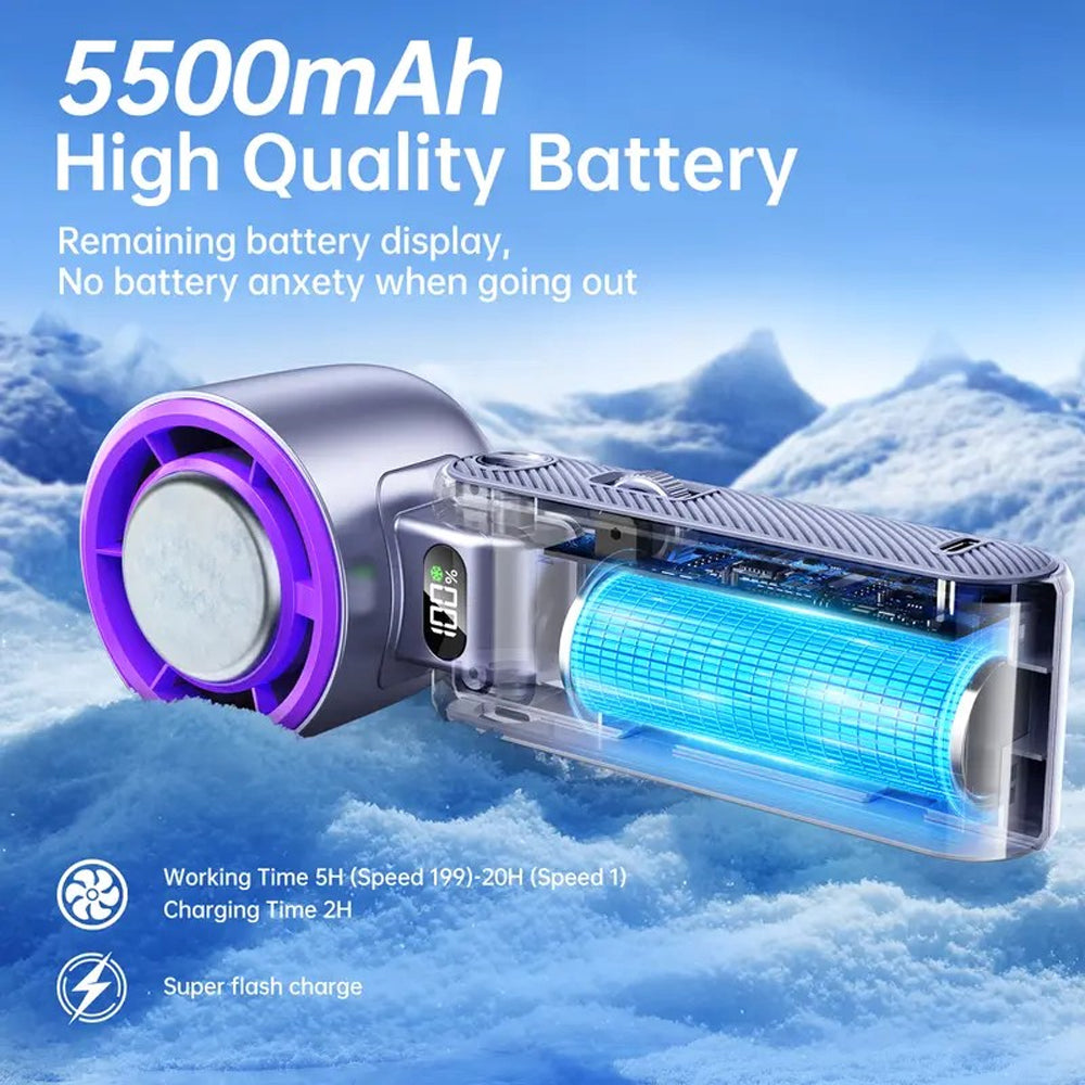 ❄️ Portable Handheld Cooler Fan | 100-Speed Ice Touch Cooling Beat the Heat Anywhere: 20°F Drop | 5500mAh Battery | 150° Foldable