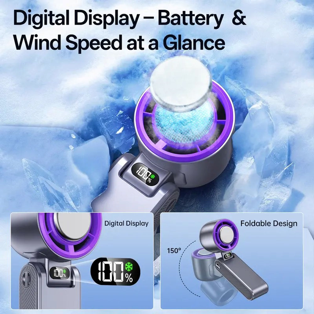 ❄️ Portable Handheld Cooler Fan | 100-Speed Ice Touch Cooling Beat the Heat Anywhere: 20°F Drop | 5500mAh Battery | 150° Foldable