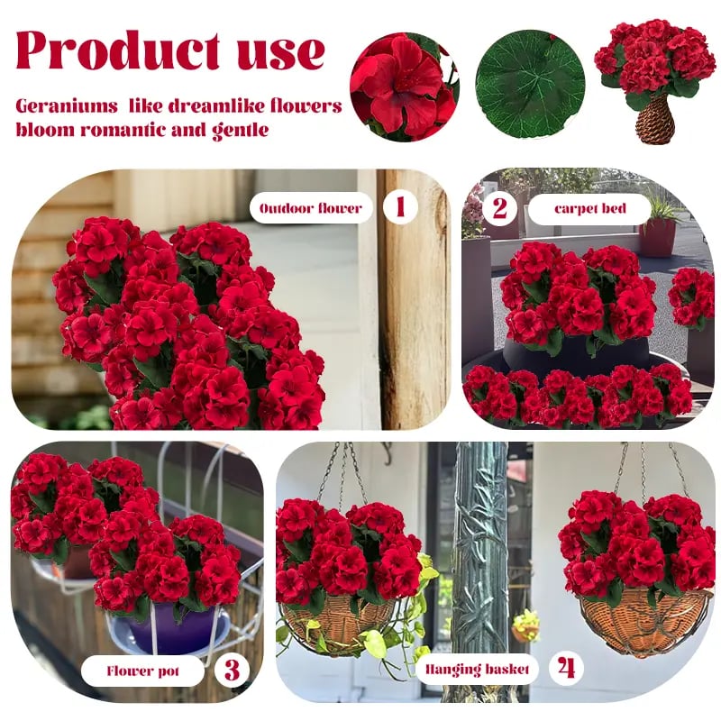 8 Bundles UV Resistant Artificial Geraniums – Outdoor Red Faux Flowers for Patio, Garden & Home Decor