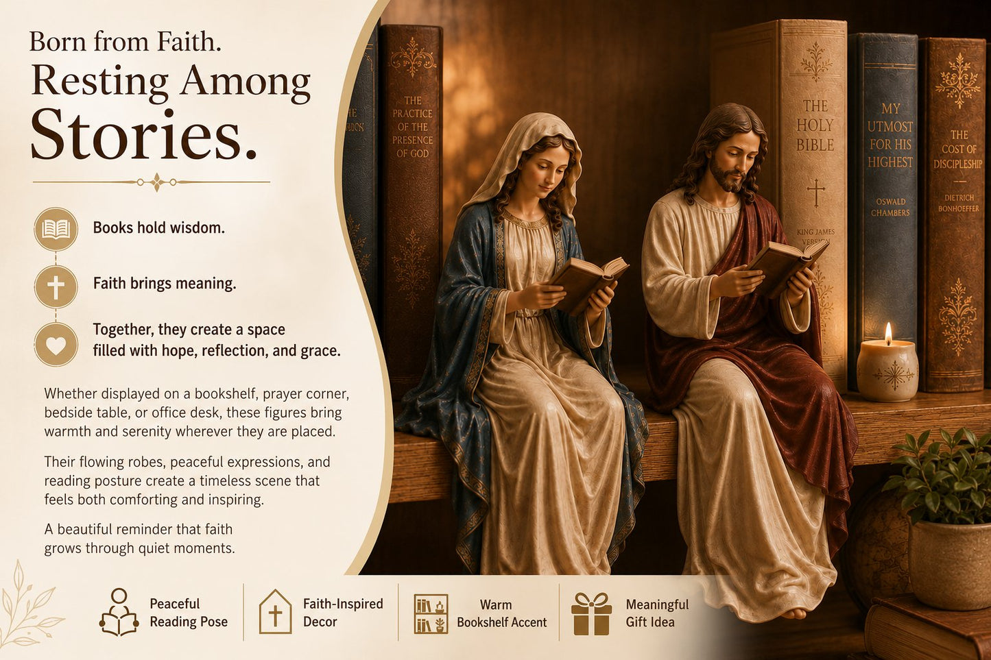 🎁Last Day 49% OFF 📖 Handcrafted Jesus/Virgin Mary Reading Bookshelf Figure