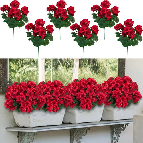 8 Bundles UV Resistant Artificial Geraniums – Outdoor Red Faux Flowers for Patio, Garden & Home Decor
