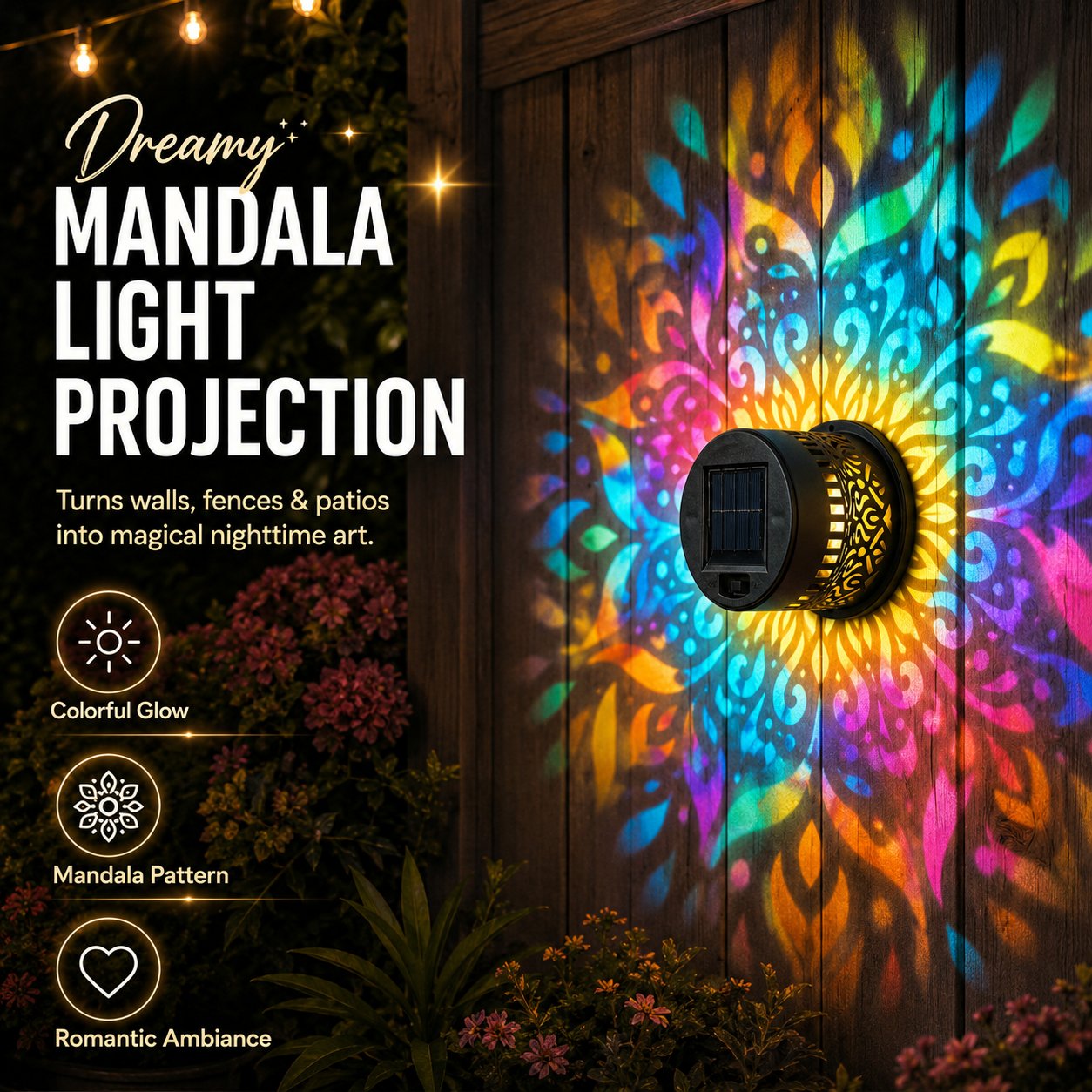🌙Hot Sale Promotion 49% OFF🔥Solar Mandala Wall Light Outdoor Garden Fence Projector Lamp Patio Ambient Decor