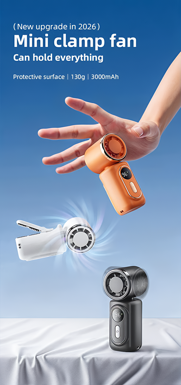 🌬️ Mini Portable Handheld Clip Fan – 3-in-1 Rechargeable 3000mAh Battery 🔋