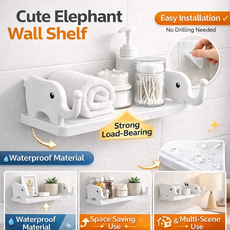 ✨Day Sale 50% OFF✨Cute Elephant Wall Shelf – Waterproof Adhesive Wall Organizer