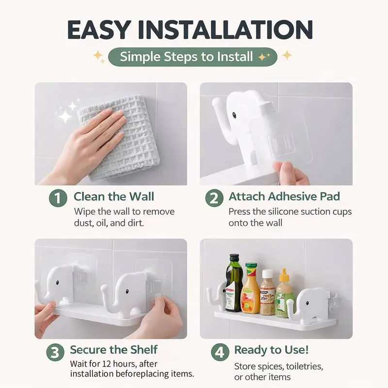 ✨Day Sale 50% OFF✨Cute Elephant Wall Shelf – Waterproof Adhesive Wall Organizer