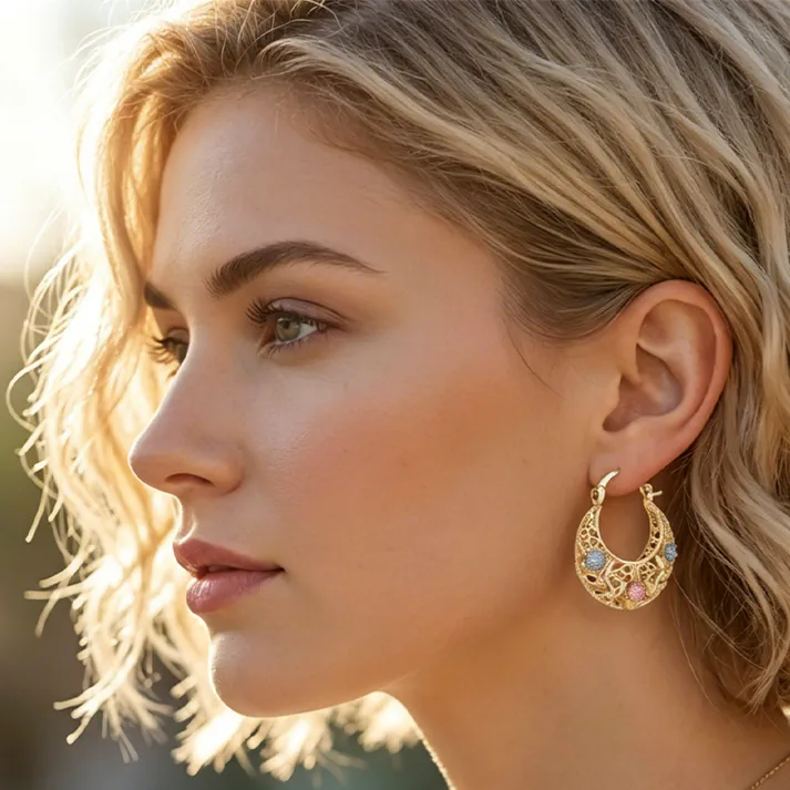 🔥 Hot Sale Promotion 55% OFF🎁Gold-Plated Crescent Hoop Earrings with Enamel Flowers