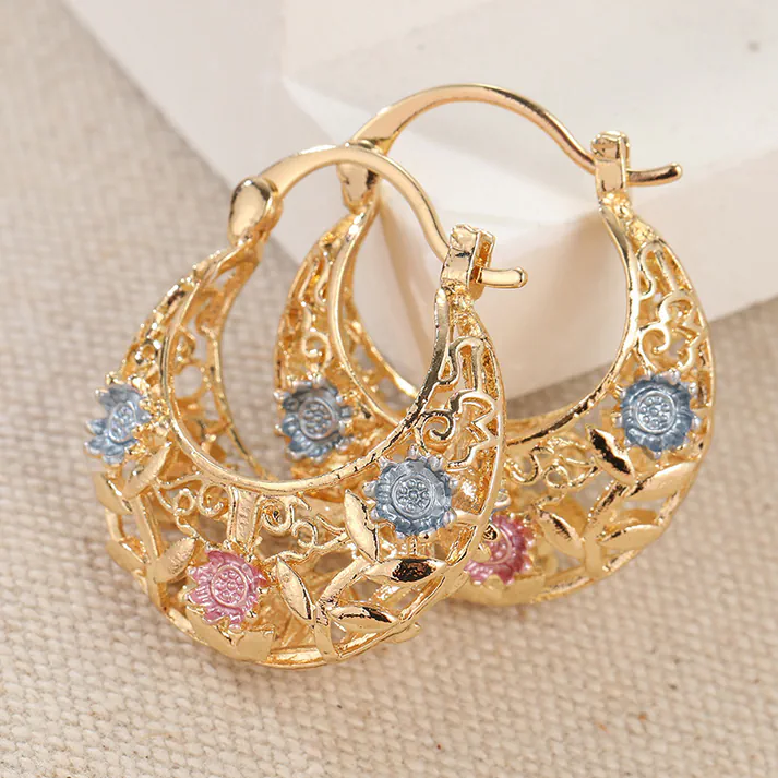 🔥 Hot Sale Promotion 55% OFF🎁Gold-Plated Crescent Hoop Earrings with Enamel Flowers