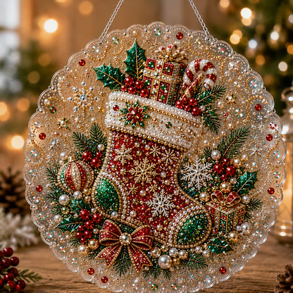 🎄 LAST DAY 49% OFF – ✨ Christmas Pearl Diamond Art Hanging Ornament Kit | Luxury Flocked Canvas with Scratch-Resistant Non-Fading Pearl Beads DIY Handmade Holiday Hanging Decor 🎅💎